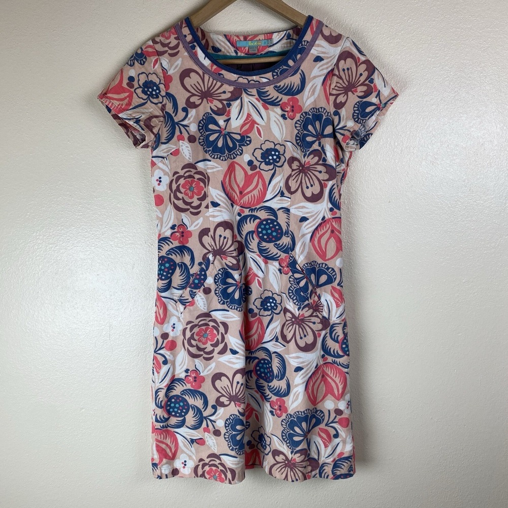 Boden 4 Corduroy Dress Floral Shift Mini Pink Short Sleeve Cottage 90s Academia